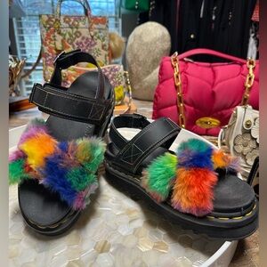 Dr. Martins Faux Fur Voss II Rainbow Sandals Woman Size 8 So Fun and Unique!